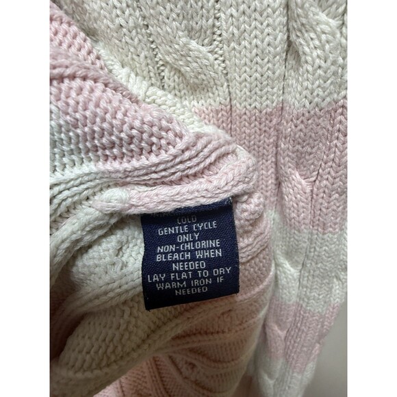Vintage Cable Knit Sweater Preppy White With Pink Stripes 100% Cotton Turtleneck - Picture 5 of 5
